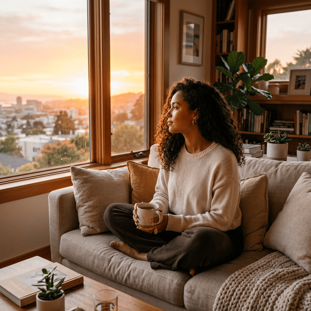 Current image: Woman sitting cross-legged on a sofa with tea at sunset